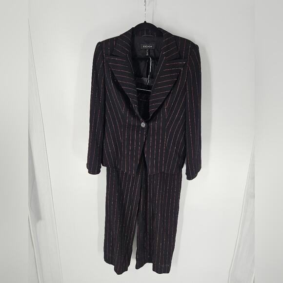Escada Black Red Pin Stripe Wool Blazer Pant Suit M - Picture 1 of 16